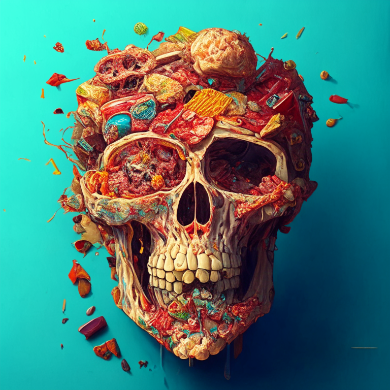 anatomy of a zombie head made of junk food, ultrafine detailed painting by James Jean, Octopath Traveler, Behance contest winner, Vanitas, angular, altermodern, surreal