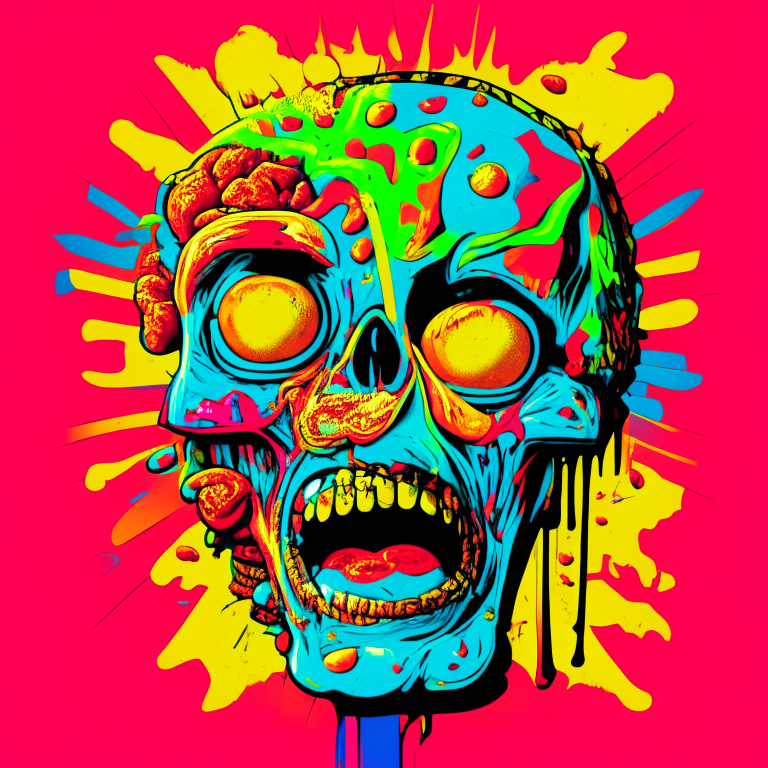 a zombie head made of junk food, in a pop art style with bright colors and bold lines