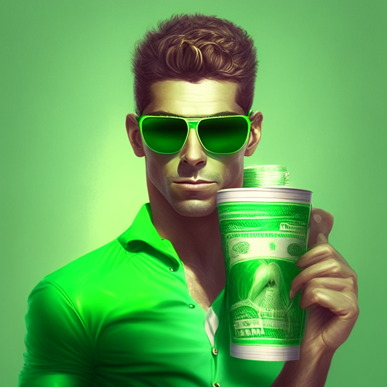 Handsome money with sunglasse, green cup , green trousers, 