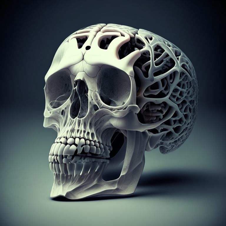 a skeleton head with an open brain