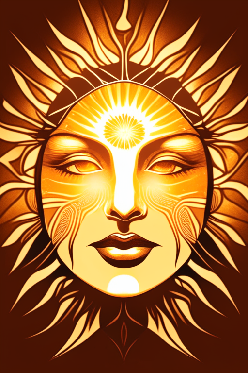 a drawing of a woman's face with a sun on it, with a symmetrical and artistic design, with a heat and amber color scheme, with graphics and visual arts elements