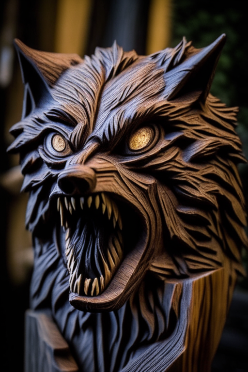 a dslr wooden carved werewolf sculpture 
