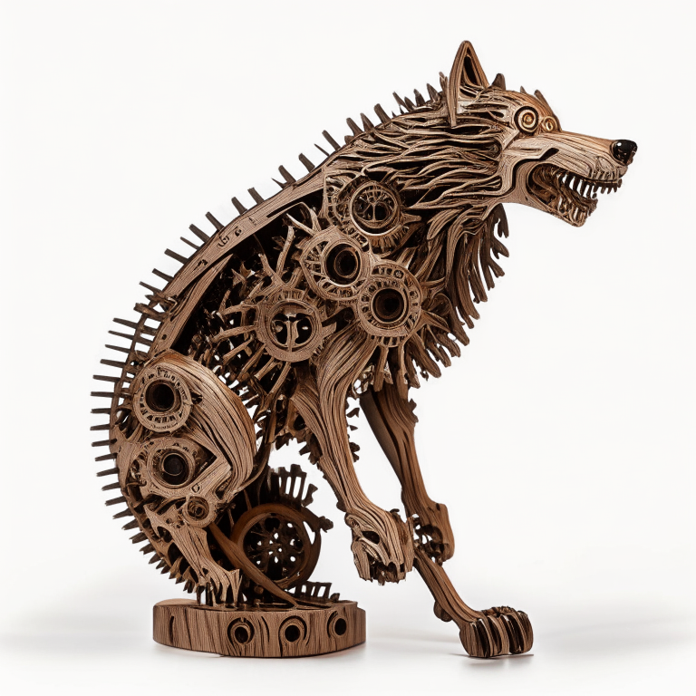  a very nightmarish small wooden werewolf  sculpture made of fine wood clockwork and gears , very intricate, caved, curved. Studio lighting, High resolution, white background
