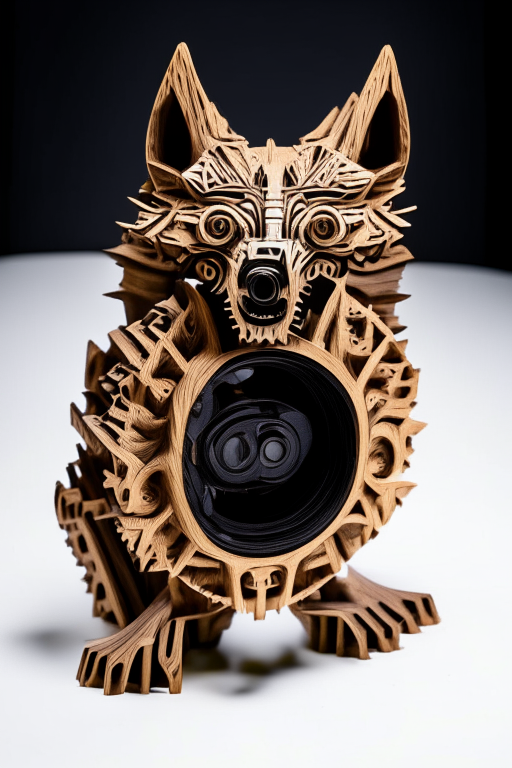  a dslr  very nightmarish small wooden werewolf  sculpture made of fine wood clockwork and gears , very intricate, caved, curved. Studio lighting, High resolution, white background
