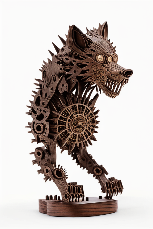   nightmarish small wooden werewolf  sculpture made of fine wood clockwork and gears , very intricate, caved, curved. Studio lighting, High resolution, white background
