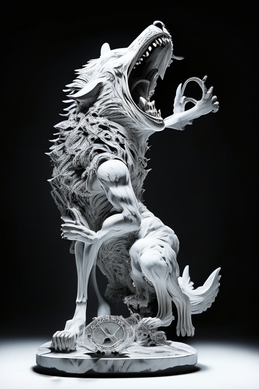  nightmarish marble werewolf howling at moon full sculpture made of fine clockwork and gears, very intricate, caved, curved. Studio lighting, High resolution, white background
