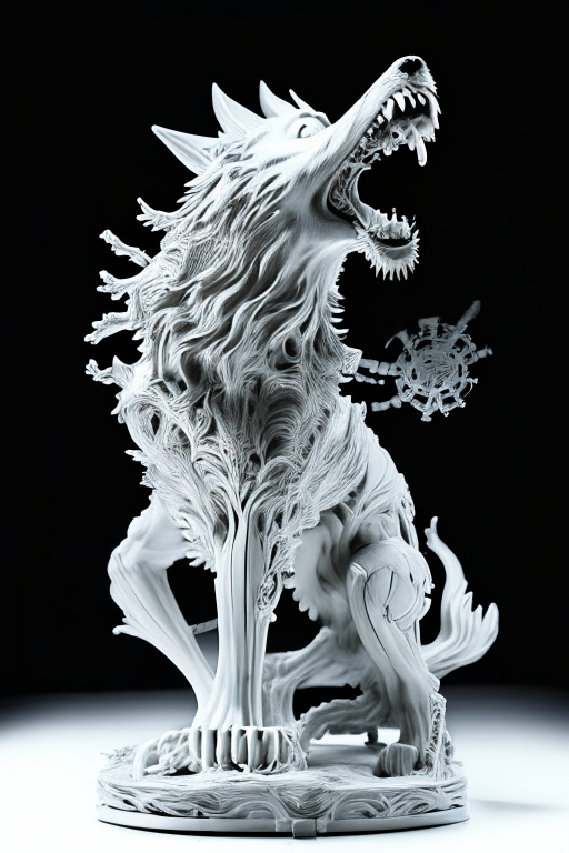  nightmarish marble werewolf howling with all limbs full sculpture made of fine clockwork and gears, very intricate, caved, curved. Studio lighting, High resolution, white background
