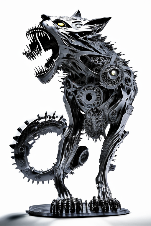  nightmarish steel werewolf howling with all limbs full sculpture made of fine clockwork and gears, very intricate, caved, curved. Studio lighting, High resolution, white background
