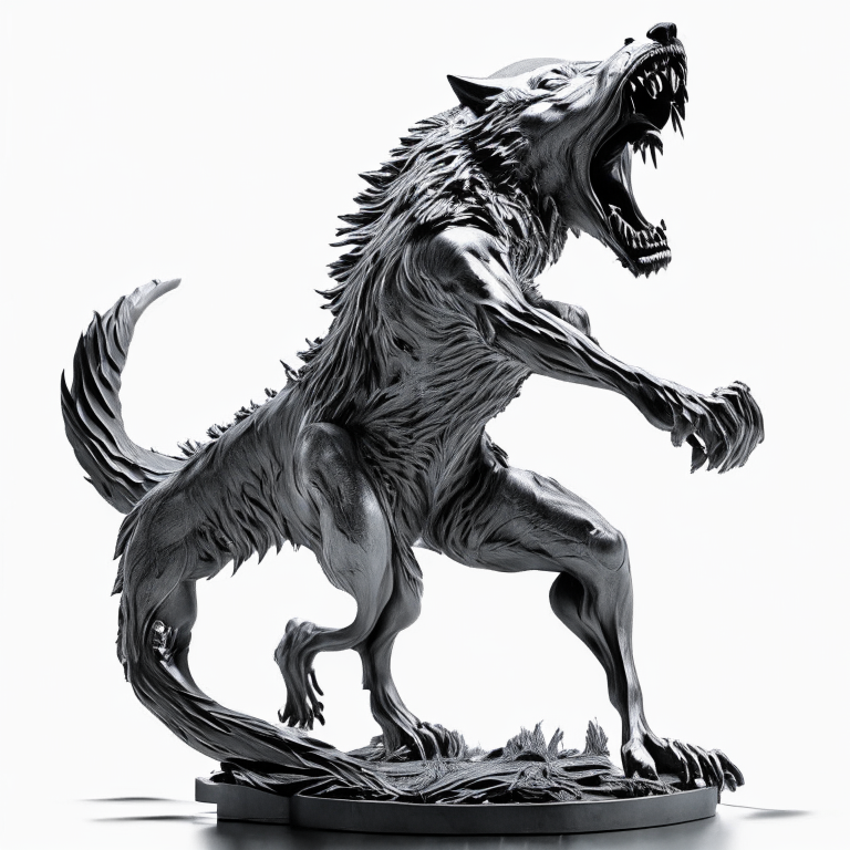  nightmarish steel werewolf howling with all limbs full sculpture 
very intricate, caved, curved. Studio lighting, High resolution, white background
