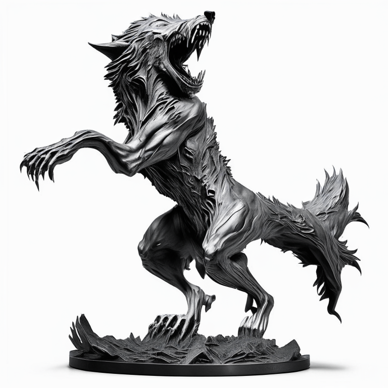  nightmarish steel werewolf howling with all limbs full sculpture 
very intricate, caved, curved. High resolution, white background
