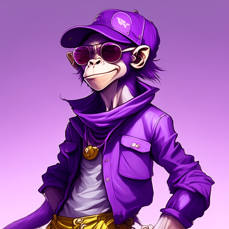 Handsome anime monkey with sunglasse purple trousers and purple cap