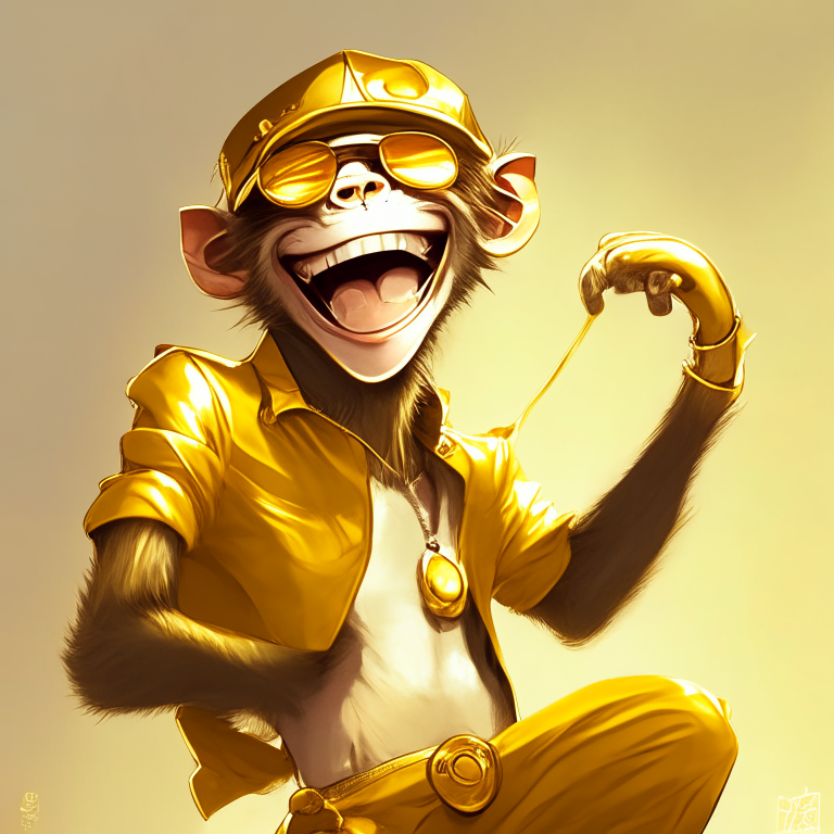 Handsome anime monkey with sunglasse golden trousers and golden cap , laughing 