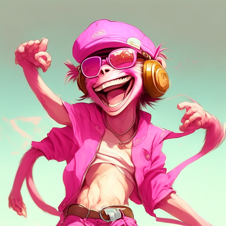 Pretty anime monkey with sunglasse pink trousers and pink cap , laughing 