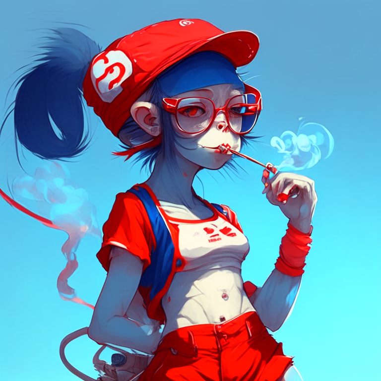 Pretty anime monkey with sunglasse blue skirt, red cap , smoking 