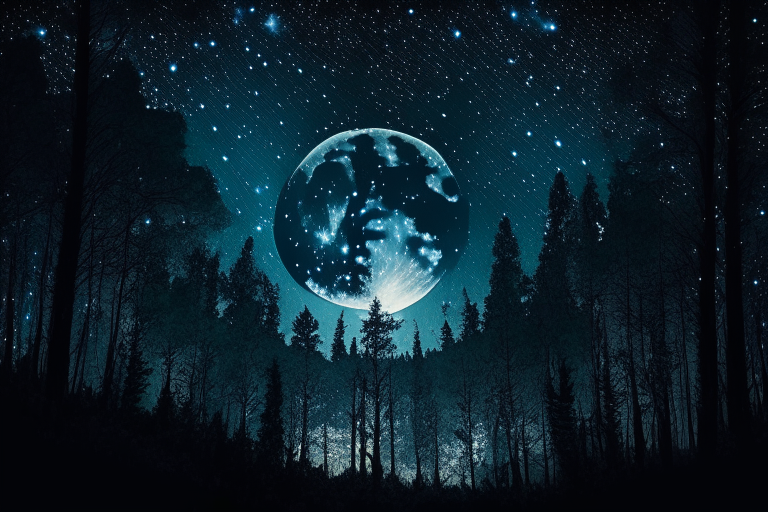 a night sky with a full moon and stars above a forest