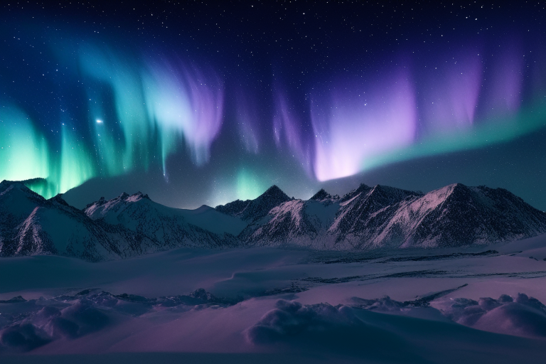 a night sky with the northern lights above a snowy mountain range