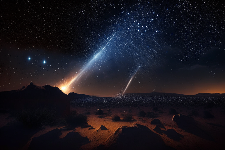 a night sky with a meteor shower above a desert