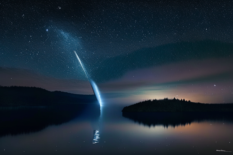 a night sky with a comet above a lake