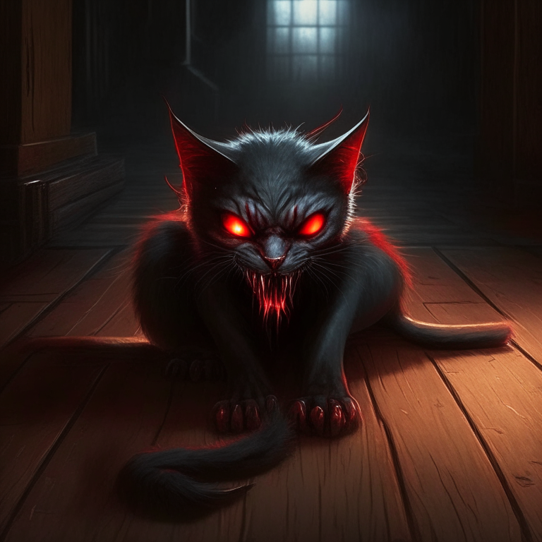 a vampire cat with sharp fangs and glowing red eyes, sitting on a wooden floor