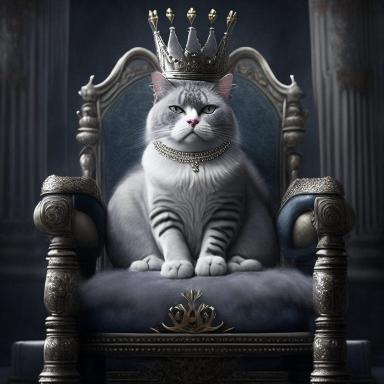 a gray and white cat wearing a crown and a royal outfit, sitting on a throne