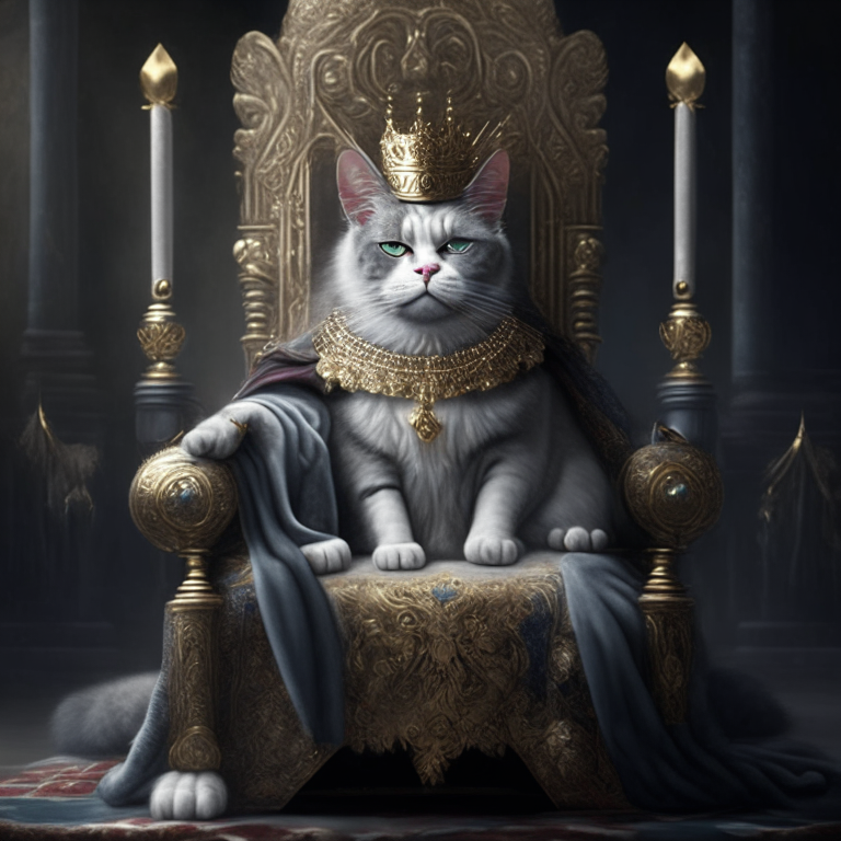 a gray and white cat wearing a crown and a cape, sitting on a throne, surrounded by jewels and gold