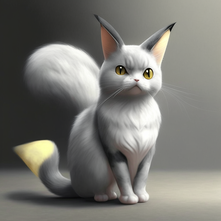 a gray and white cat with Pikachu's ears and tail