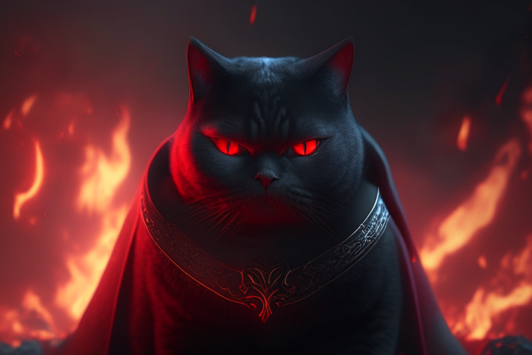 a British Shorthair cat with glowing red eyes, wearing a black cloak, standing in a mystical world with dragons and warriors, surrounded by blood and fire, octane render, 4k