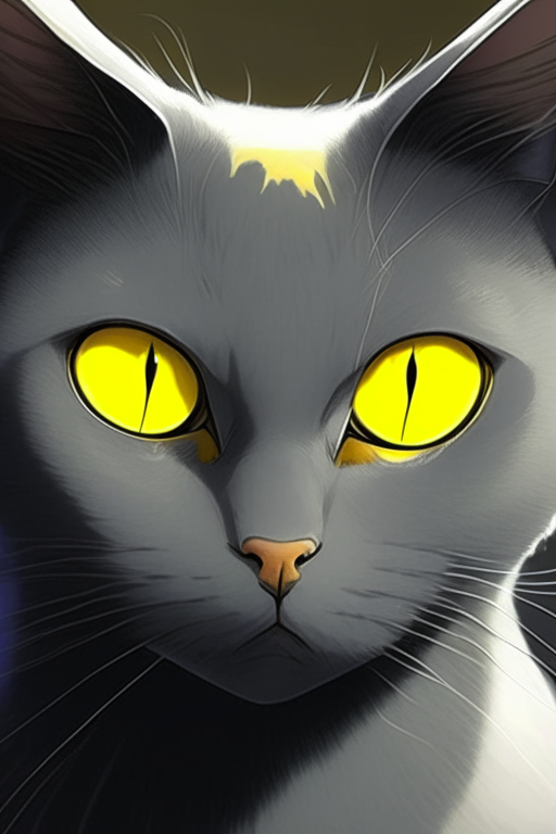 an anime-style gray cat with yellow eyes looking at the camera