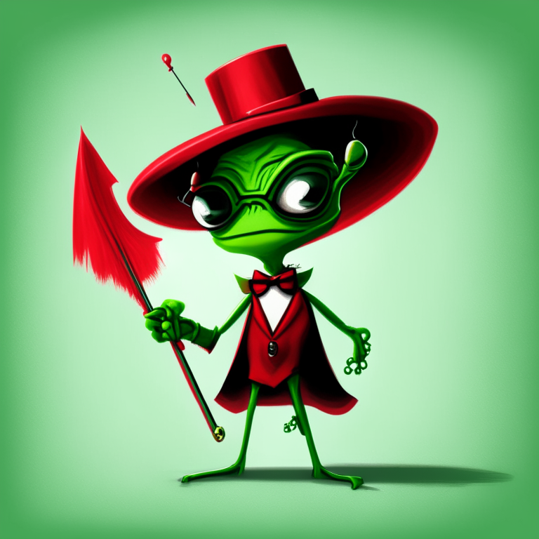 a green alien with glasses and a red tie a cartoon alien with a halo and a paintbrush a green alien with a red cape and a sword a green alien with a red bow tie and a top hat