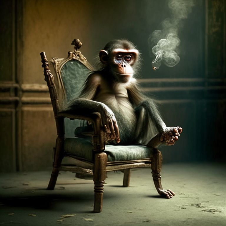 A lovely monkey sits on a chair and smokes