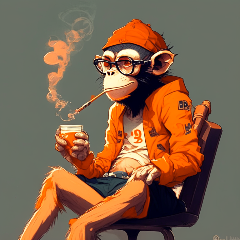  Handsome anime monkey sits on a chair and smokes, wear glasses, golves, orange cap