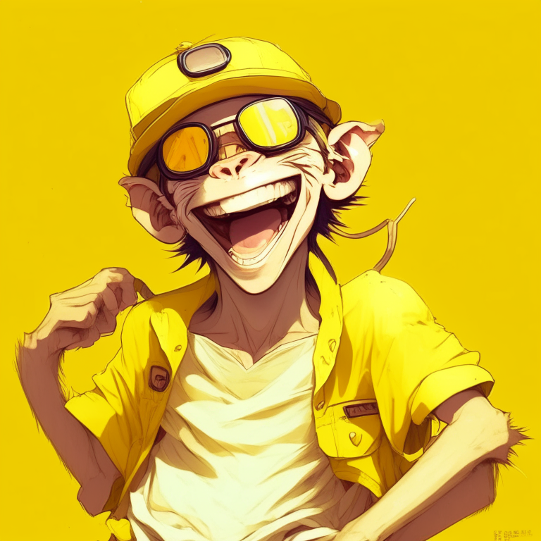 Handsome anime monkey with sunglasse 
yellow  trousers and yellow cap , laughing