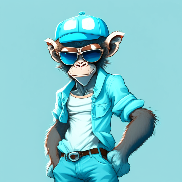 Handsome anime monkey with sunglasse 
Light blue  trousers and light blue cap , angry 