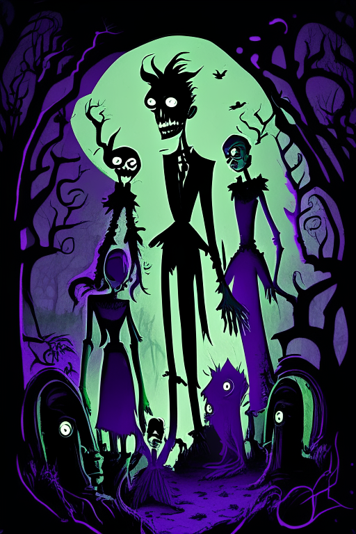 Inspired by the whimsical style of Tim Burton, this eerie scene depicts a family transforming into sinister creatures. The illustration showcases the family standing in a moonlit graveyard, their bodies contorting into grotesque shapes. The color palette features deep shades of purple and black, accentuated by flashes of sickly green. Their faces contorted with expressions of both fear and delight, casting long shadows under the moonlight. The lighting highlights the eerie transformation, while the atmosphere exudes a sense of dark enchantment. --v 5 --stylize 1000