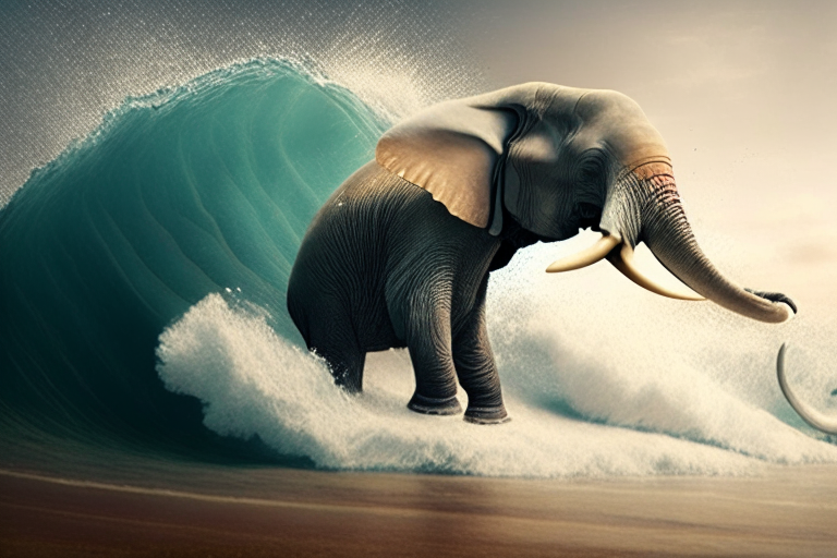 a surfing elephant catching a big wave