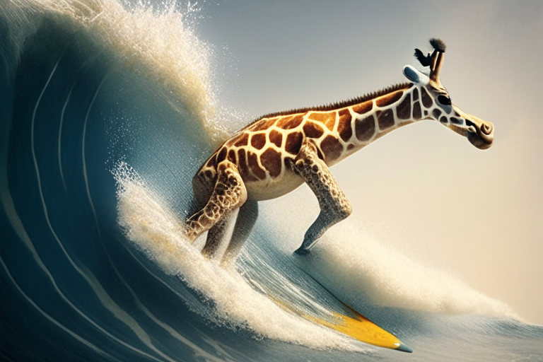 a surfing giraffe riding a huge wave