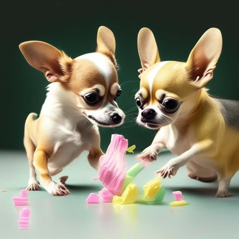 two Chihuahuas playing with taffy