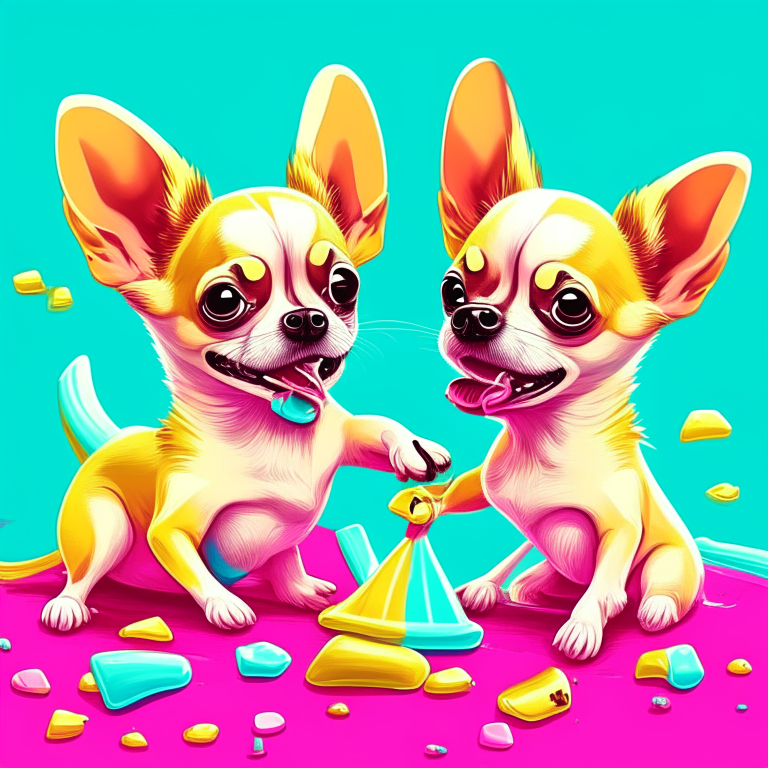 two chihuahuas playing with taffy in cartoon style bright colors, exaggerated features, playful