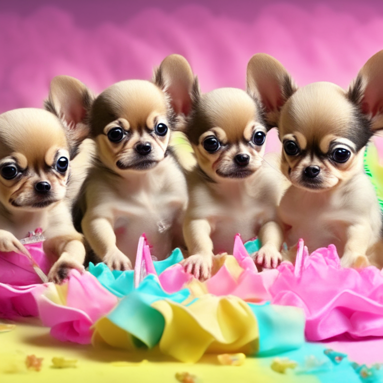 five chihuahua puppies having a taffy party