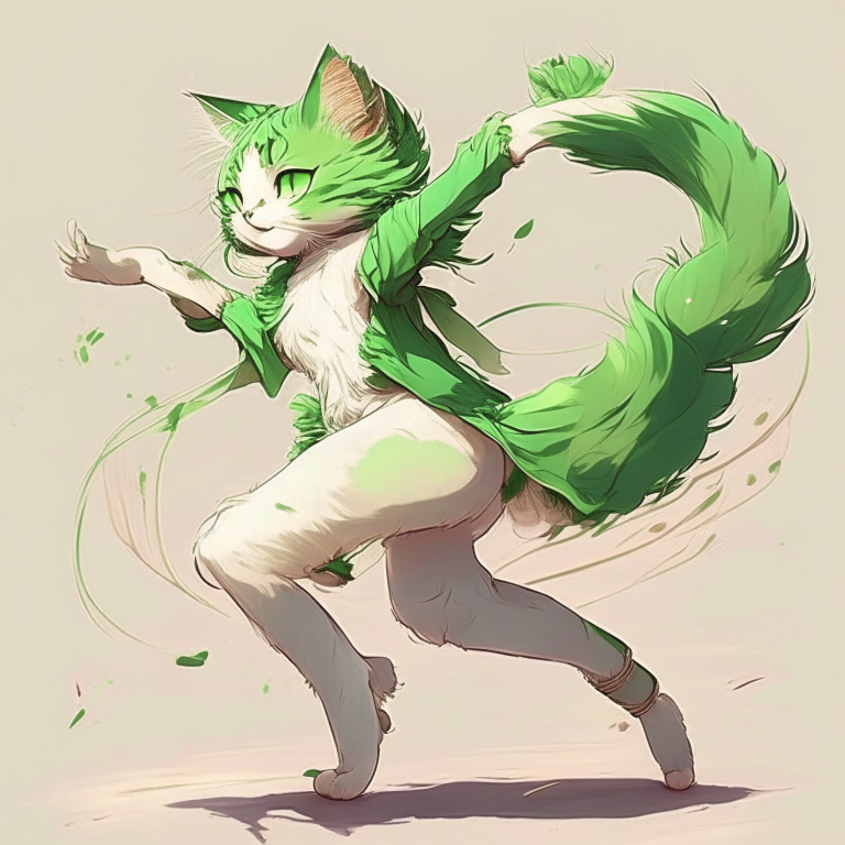 Beautiful anime cat with green colour, dance 