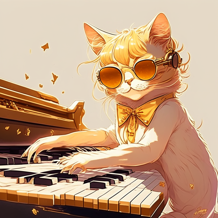 Pretty anime cat with golden colour, wear sunglasses, and play piano 