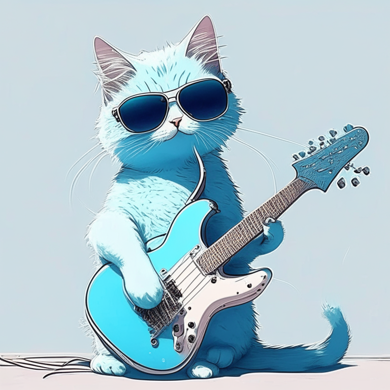 Pretty anime cat with light blue colour, wear sunglasses, and play guitar 