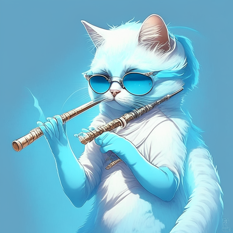 Pretty anime cat with light blue colour, wear sunglasses, and play flute 