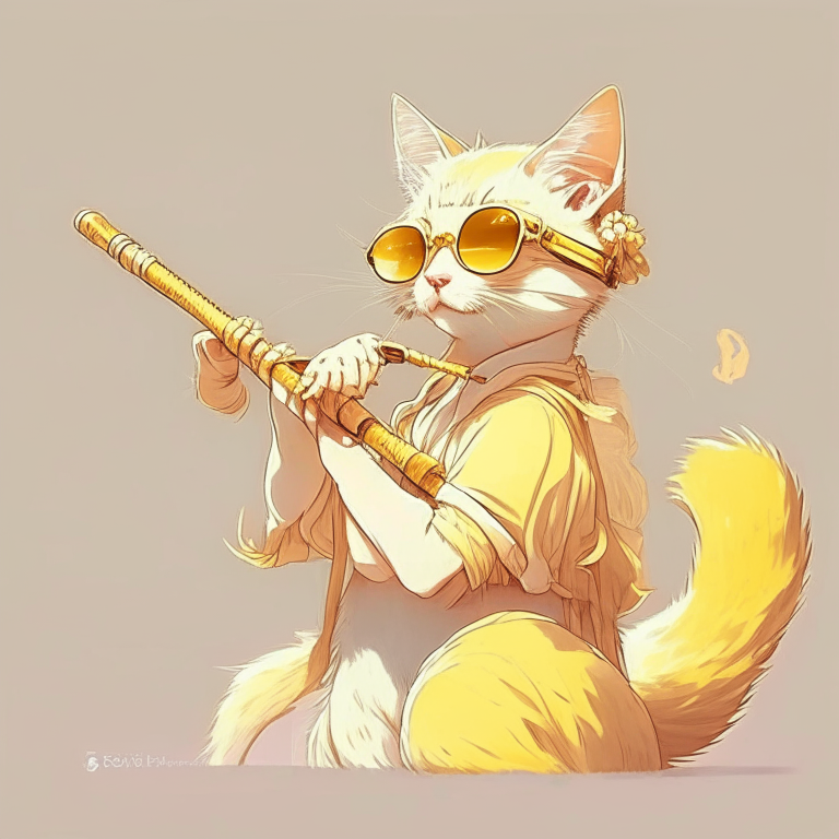 Pretty anime cat with light yellow colour, wear sunglasses, and play flute 