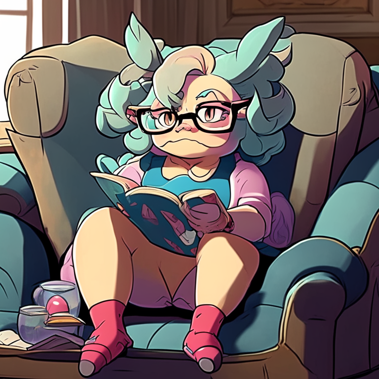 a Pokémon based on the features of a woman with glasses sitting on a couch