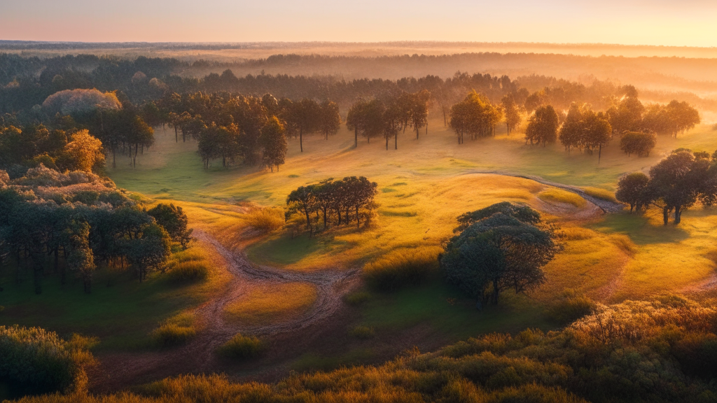 A breathtaking landscape of the New Forest in England, viewed from a drone in the early morning light. The scene is imbued with magical realism, with intricate details and a warm color palette. The image is hyper-realistic and in HDR, with a 16:9 aspect ratio.