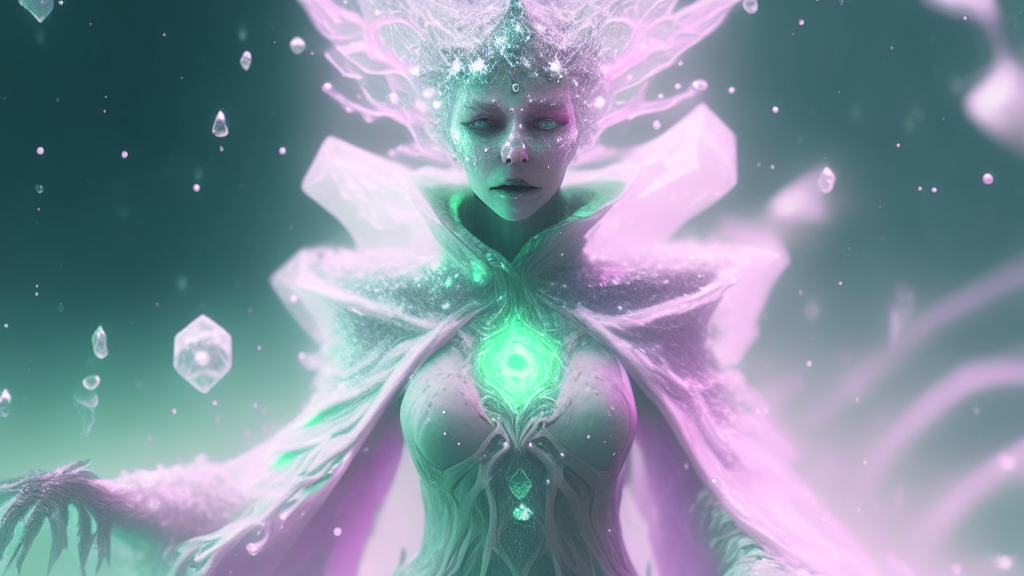 a digitalpunk sorceress emerging from mist, with a pale pink green palette, surrounded by crystalline fractals, and set in an icy plane, with a shallow depth of field, high energetic atmosphere, occult inspiration, spellbound, sparkling electric swirls, made in Blender with octane render