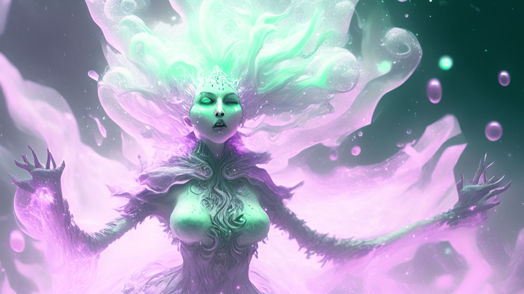 A digitalpunk sorceress emerges from a billowing volumetric mist, surrounded by crystalline fractals and sparkling electric swirls. The image has a pale pink and green color palette, and is set on an icy plane with shallow depth of field. The atmosphere is high-energy and occult-inspired, with a spellbound feel. The image is made in Blender and rendered with Octane, in 4K UHD with a 16:9 aspect ratio.