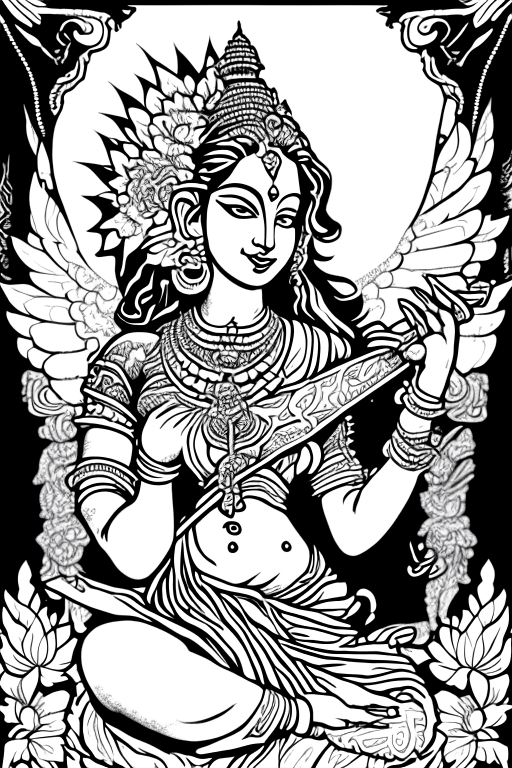 Generate a coloring book artwork using Todd McFarlane's artwork style of Hindu Goddess Saraswathi as per current Hindu believes. 