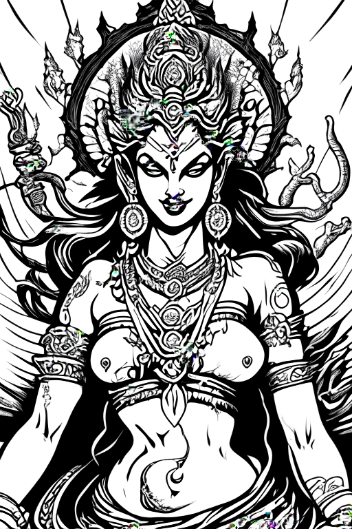 Generate a coloring book artwork using Todd McFarlane's artwork style of Hindu Goddess Shakti as per current Hindu believes. 